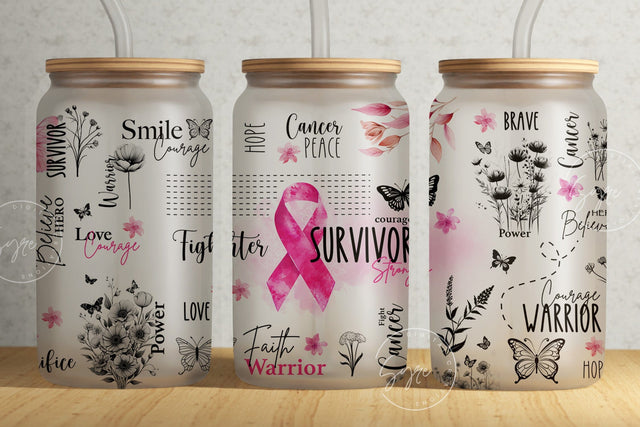 Breast Cancer Awareness, Pink Ribbon tumbler, 16 oz Libbey Glass Can, Motivational Tumbler, Survivor Affirmations, Floral Tumbler, Digital Sublimation Syre Digital Creations 