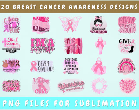 Breast Cancer Awareness Sublimation Designs Bundle, 20 Designs, Breast Cancer Warrior PNG Files, Wishing For A Cure PNG Sublimation HappyDesignStudio 