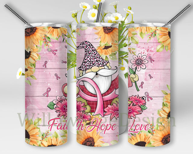 Breast Cancer Awareness Tumbler Design, Faith Hope Love 20oz Skinny Tumbler, Gnome Pink Ribbon Tumbler Png, Sunflower Tumbler Wrap, Breast Cancer Sublimation Design, Instant Download Sublimation WillowSageDesign 