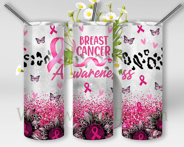 Breast Cancer Awareness Tumbler Design, Pink Ribbon 20oz Skinny Tumbler, Pink Leopard Sunflower Tumbler Png, Pink Glitter Tumbler Wrap, Breast Cancer Sublimation Design, Digital Download Sublimation WillowSageDesign 