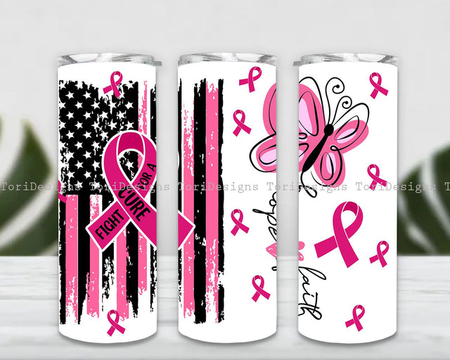 Breast Cancer Awareness Tumbler PNG, Pink Ribbon Sublimation Tumbler, Fight For A Cure American Flag Tumbler Wrap, Fight For A Cure 20 oz Skinny Tumbler Design Sublimation ToriDesigns 
