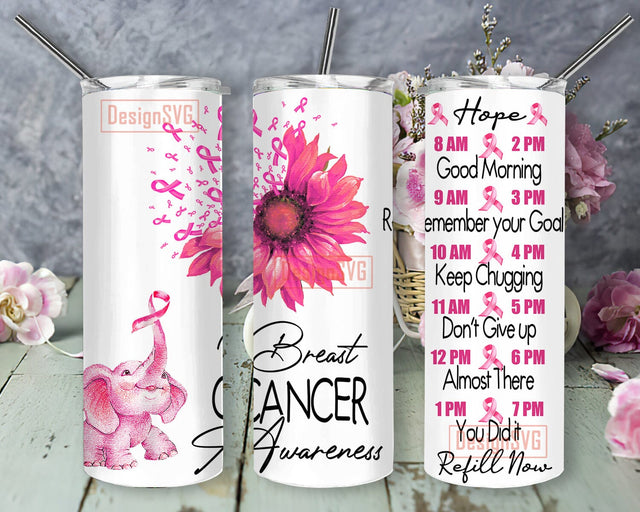 Breast Cancer Awareness Tumbler Png, Pink Sunflower 20oz Skinny Tumbler, Pink Ribbon Design Png, Pink Elephant Cancer Sublimation Png, Water Tracker Design Tumbler, Instant Download Sublimation DesignSVG 