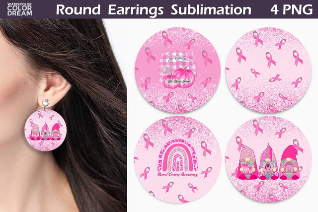 Breast Cancer Earrings | Pink Ribbon Round Earrings Sublimation WatercolorColorDream 