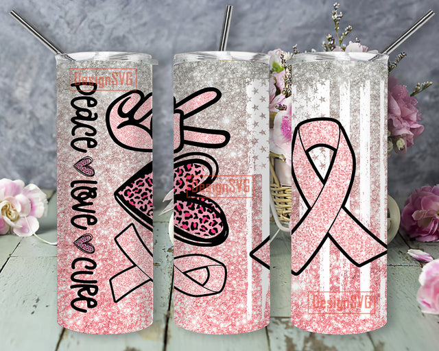 Breast Cancer Peace Love Cure Straight Tumbler 20oz Skinny Tumbler Sublimation Designs, Breast Cancer Tumbler for Straight Tapered PNG File DigitalDownload Sublimation DesignSVG 