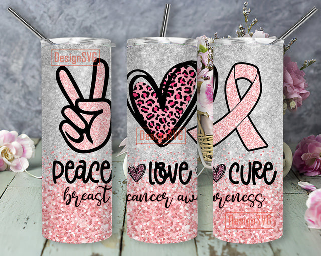 Breast Cancer Peace Love Cure Straight Tumbler 20oz Skinny Tumbler Sublimation Designs, Breast Cancer Tumbler for Straight Tapered PNG File DigitalDownload Sublimation DesignSVG 