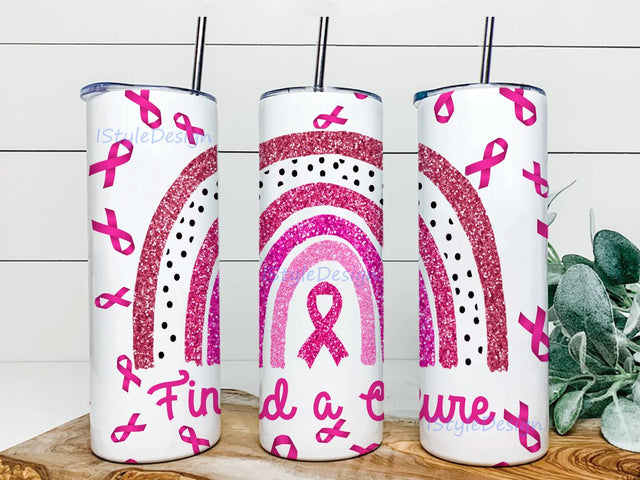 Breast Cancer Pink Rainbow Find A Cure 20 oz Skinny Wrap Sublimation Straight/Tapered Sublimation BouDesign 