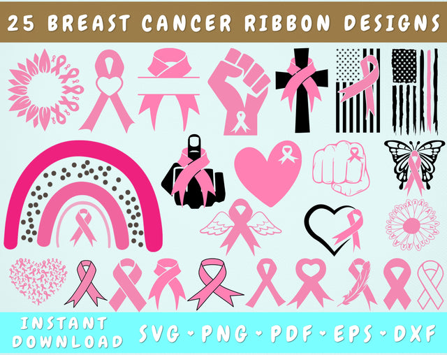 Breast Cancer Ribbon SVG Bundle, 25 Designs, Breast Cancer Clipart, Breast Cancer PNG Files, Breast Cancer Sunflower SVG SVG HappyDesignStudio 