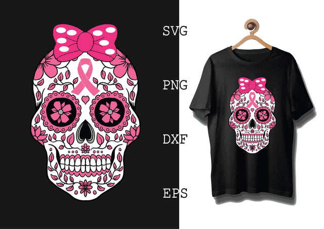 Breast Cancer Sugar Skull Svg, Breast Cancer Awareness Svg, Png, Eps, Dxf Files SVG DesignTShirt 