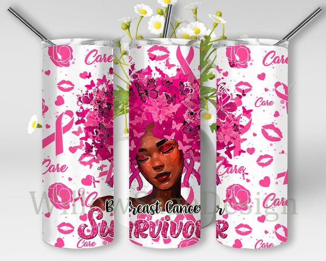 Breast Cancer Survivor Tumbler Design, Breast Cancer Awareness 20oz Tumbler Template, Pink Ribbon Tumbler Wrap, Black Girl Breast Cancer Sublimation Png, Digital Download Sublimation WillowSageDesign 