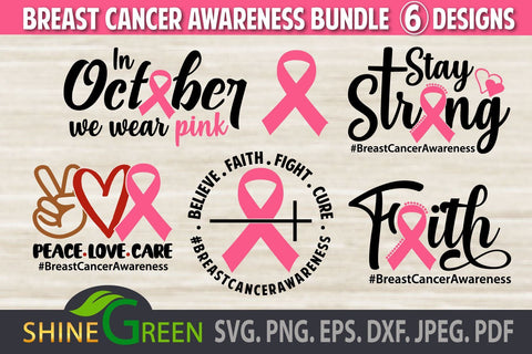 Breast Cancer SVG Bundle Cut Files - 6 Designs with Pink Ribbon SVG Shine Green Art 
