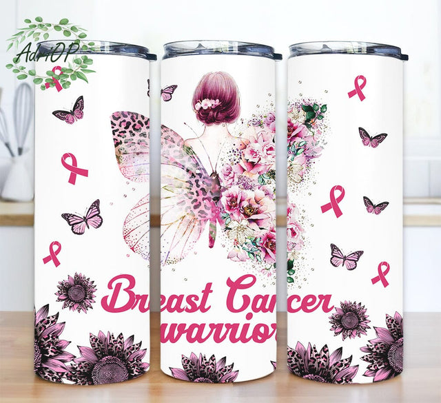 Breast Cancer Warrior 20oz Skinny Tumbler Png, Pink Ribbon Butterfly, Breast Cancer Awareness Gift Tumbler, Cancer Mom Tumbler, Sublimation Designs Sublimation AdriOP 