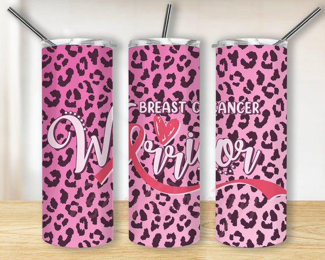 Breast Cancer Warrior 20oz Tumbler Design, Pink Leopard Tumbler Wrap, Pink Ribbon Design Png, Breast Cancer Tumbler With Lid And Straw, Instant Download Sublimation BouDesign 