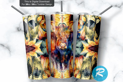 Bright Highland Cow Floral 20 oz / 30 oz Tumbler PNG Sublimation Regulrcrative 