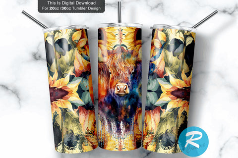 Bright Highland Cow Floral 20 oz / 30 oz Tumbler PNG Sublimation Regulrcrative 