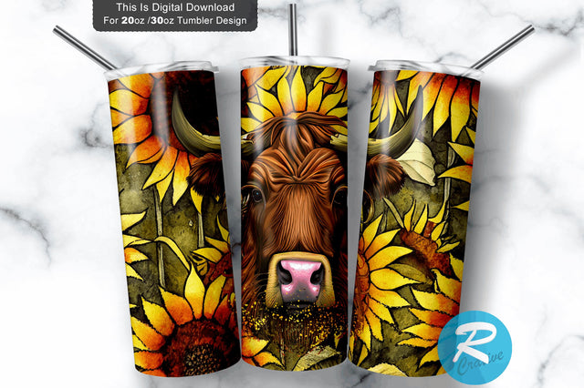 Bright Highland Cow sunflower 20 oz / 30 oz Tumbler PNG Sublimation Regulrcrative 