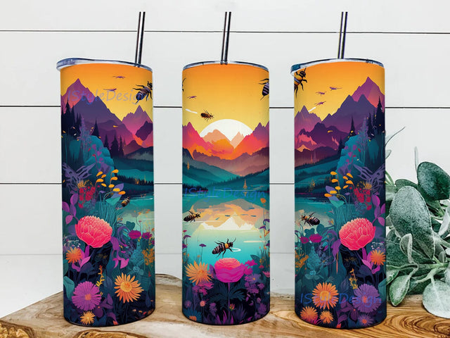 Bright Neon Colorful Bees 20oz Skinny Tumbler Png, Beautiful Floral Bees Framed With Mountains And Lake Png, Floral Bee Tumbler, Neon Bees Tumbler Sublimation iStyleDesign 