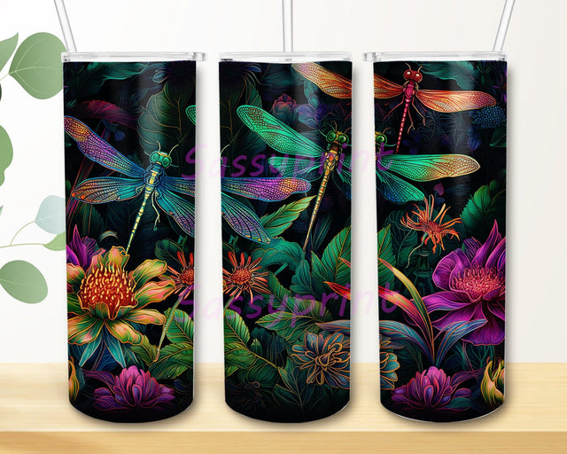 Bright Neon Colorful Dragonflies 20oz Skinny Tumbler Png, Beautiful Dragonflies Framed With Plants And Flowers Tumbler, Neon Dragonflies Tumbler Sublimation sassyprint 