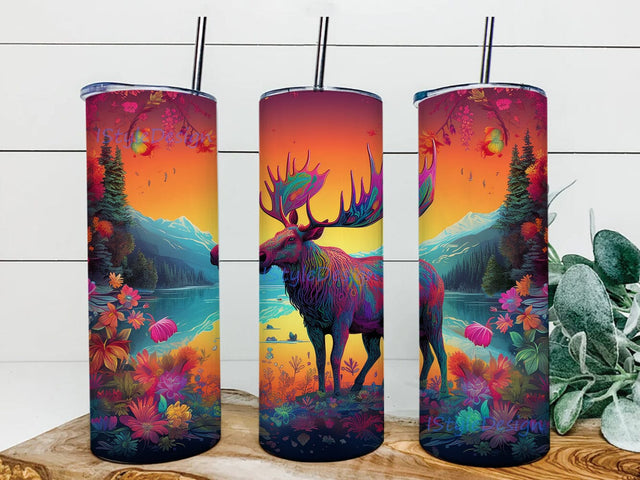 Bright Neon Colorful Floral Moose 20oz Skinny Tumbler Png, Moose Rainbow Framed With Mountains And Lake Png, Neon Moose Tumbler, Moose Floral Tumbler Sublimation iStyleDesign 