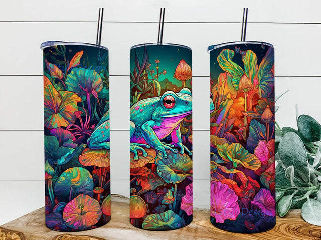 Bright Neon Colorful Frogs 20oz Skinny Tumbler Png, Frogs Framed With Plants And Flowers Tumbler, Neon Frog Tumbler, Colorful Floral Frog Tumbler Sublimation iStyleDesign 