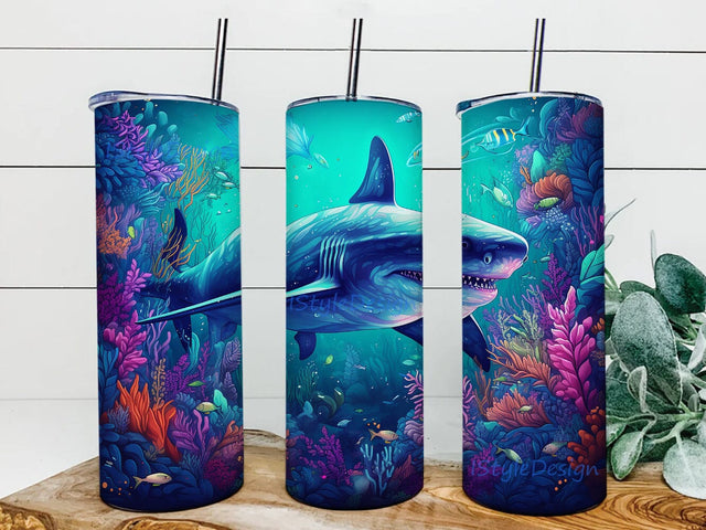 Bright Neon Colorful Shark 20oz Skinny Tumbler Png, Shark Framed With Marine Plants Tumbler, Neon Shark Tumbler, Neon Deep Sea Sharks Tumbler, Colorful Ocean Tumbler Sublimation iStyleDesign 