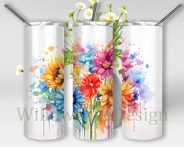 Bright Rainbow Colored Flowers 20oz Skinny Tumbler Png, Rainbow Colorful Flowers Tumbler, Rainbow Flowers Wrap Png, Rainbow Tumbler Sublimation Design Colorful Sublimation WillowSageDesign 