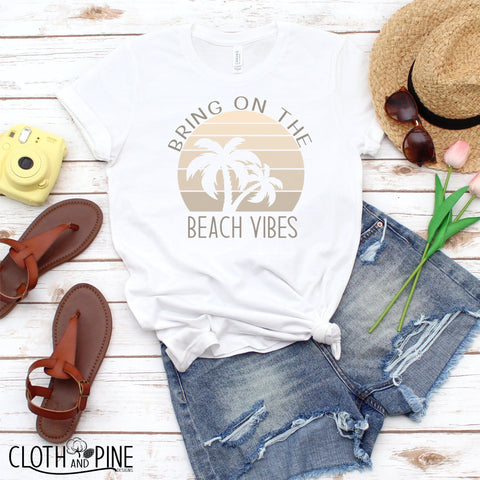 Bring on the Beach Vibes - Retro Sunset with Palm Tree Knockout SVG Cloth and Pine Designs 