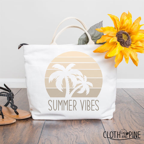 Bring on the Summer Vibes - Retro Sunset with Palm Tree Knockout SVG Cloth and Pine Designs 