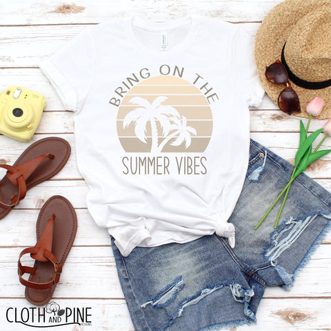 Bring on the Summer Vibes - Retro Sunset with Palm Tree Knockout SVG Cloth and Pine Designs 