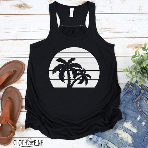 Bring on the Summer Vibes - Retro Sunset with Palm Tree Knockout SVG Cloth and Pine Designs 