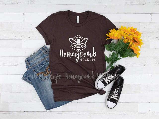 Brown Bella Canvas 3001 Mockup, Brown T-Shirt Mockup with Sunflowers Mock Up Photo Honeycomb Mockups 
