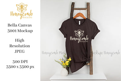 Brown Bella Canvas 3001 Mockup, Hanging Ladder Mockup, Women's T-Shirt Mockup Mock Up Photo Honeycomb Mockups 