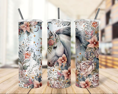 Brown horse 20oz Sublimation Tumbler Design, Soft floral Skinny Tumbler Wrap PNG Sublimation TrendingDesign 