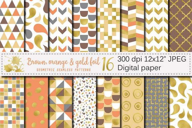 Brown, Orange and Gold Foil Seamless Geometric Patterns Digital Pattern VR Digital Design 
