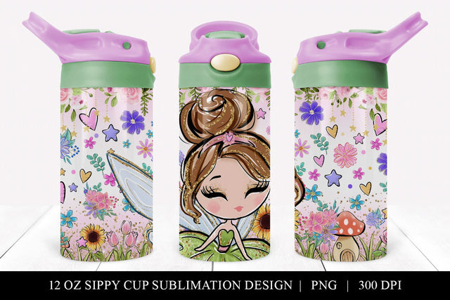 Brunette Fairy 12 oz Sippy Cup Sublimation Design PNG Sublimation BijouBay 