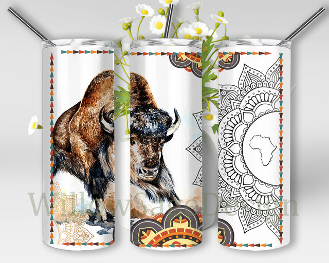 Buffalo Mandala 20oz Skinny Tumbler, Mandala Tumbler Png, Watercolor Bison Design Png, African Buffalo Tumbler Wrap, Buffalo Sublimation Design, Instant Download Sublimation WillowSageDesign 