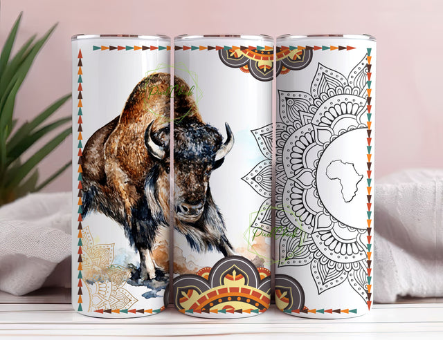 Buffalo Mandala Skinny Tumbler Design PNG, African Buffalo Tumbler Wrap, Cape Buffalo Tumbler PNG, 20oz Skinny Tumbler Design PNG Sublimation PixelChick 