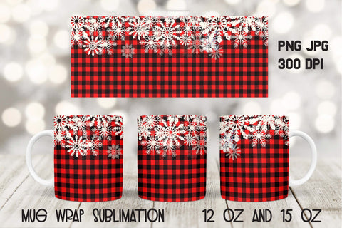 Buffalo Plaid Sublimation, Christmas Snowflakes Mug Wrap. Sublimation Elinorka 