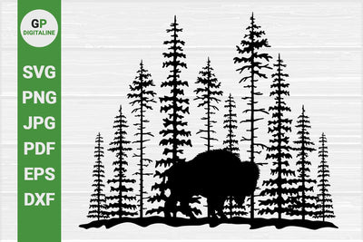 Buffalo SVG, Bison SVG, Forest SVG, Woods SVG, Pine Trees SVG, Wildlife SVG, Woodland SVG, Wilderness SVG, Animal SVG, Nature SVG, Outdoor SVG SVG GPDigitaline 