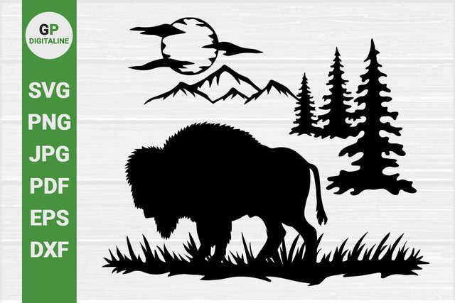 Buffalo SVG, Bison SVG, Wild SVG, Mountain SVG, Woods SVG, Forest SVG, Pine Trees SVG, Moon SVG, Clouds SVG, Nature SVG, Outdoor SVG, Wilderness SVG SVG GPDigitaline 