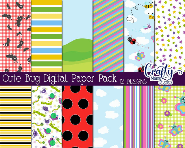 Bugs Paper - Cute Bug - Ladybug Scrapbooking - Butterfly - Colorful Spring Bugs - Summer Digital Pattern Crafty Mama Studios 