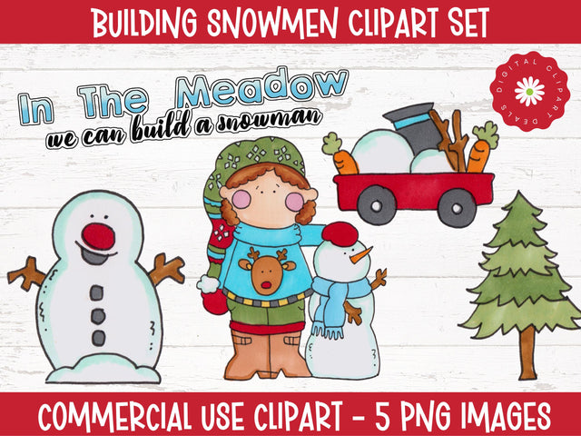 Building Snowmen Clipart Set - Snowmen Illustrations Sublimation Digital Clipart Deals 