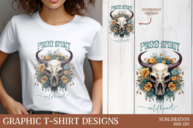 Bull Skull Boho Graphic T-shirt Design Sublimation Petunia Digital Design 