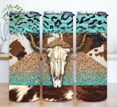 Bull Skull Design Png, Cowhide Tumbler Wrap, Western Bull Skull 20oz Skinny Tumbler, Glitter Tumbler Design, Instant Download Sublimation AdriOP 