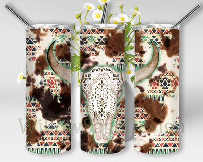 Bull Skull Design Tumbler, Cowhide Aztec Tumbler Wrap, Western Bull Skull 20oz Skinny Tumbler, Bull Skull Sublimation Design, Instant Download Sublimation WillowSageDesign 