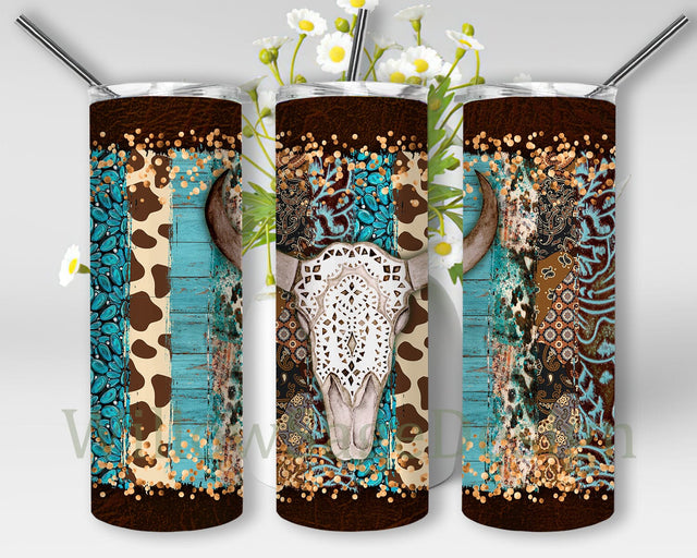 Bull Skull Design Tumbler, Western Bull Skull 20oz Skinny Tumbler, Western Country Tumbler Wrap, Gemstone Design Png, Bull Skull Sublimation Design, Digital Download Sublimation WillowSageDesign 