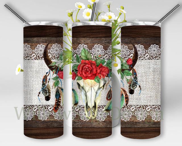 Bull Skull Floral Tumbler Png, Wood Lace Bull Skull 20oz Skinny Tumbler, Western Bull Skull Design Tumbler, Country Sublimarion Design, Digital Download Sublimation WillowSageDesign 