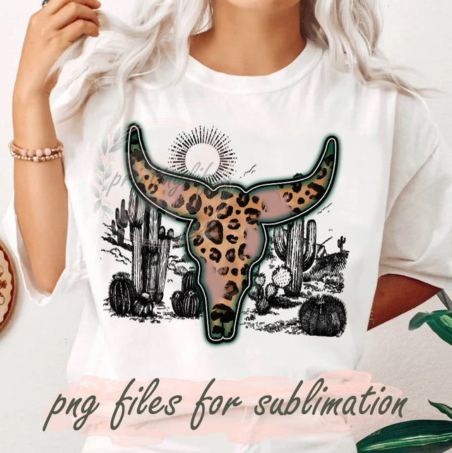 Bull Skull Leopard Png, Cow Skull Desert Design PNG, Western , Cactus Sublmation Png, Western Bull Skull PNG Digital Design, Digital Download Sublimation PrintingLife 