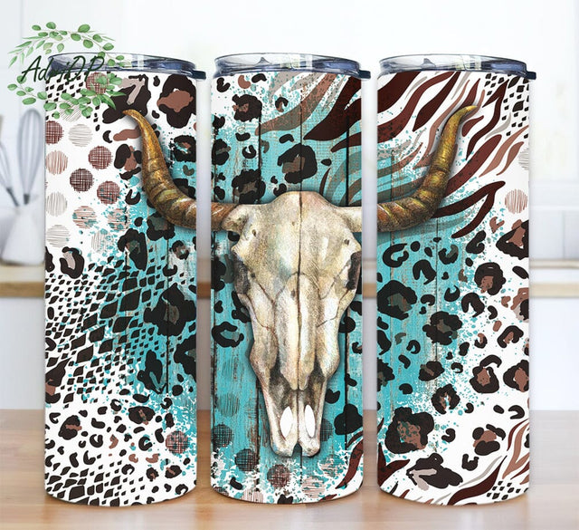 Bull Skull Seamless 20oz Skinny Tumbler Png, Western Bull Skull Leopard Tumbler Png, Cowhide and Leopard Theme, Bull Skull, Country Western Png Sublimation AdriOP 