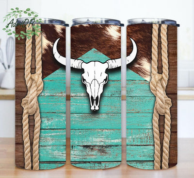 Bull Skull Tumbler Png, Western 20oz Skinny Png, Cowhide Tumbler Design, Teal Wood Tumbler Wrap, Western Bull Skull Tumbler Lid And Straw, Instant Download Sublimation AdriOP 