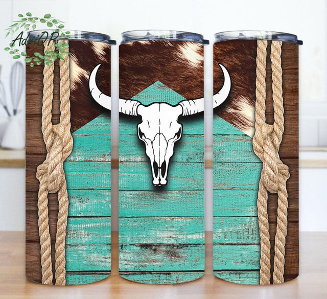 Bull Skull Tumbler Png, Western 20oz Skinny Png, Cowhide Tumbler Design, Teal Wood Tumbler Wrap, Western Bull Skull Tumbler Lid And Straw, Instant Download Sublimation AdriOP 